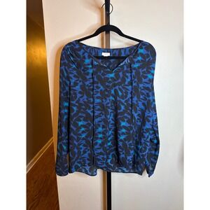 J.Crew Blue Black Abstract Floral Leaf Print Tie Neck Blouse Top Womens Medium